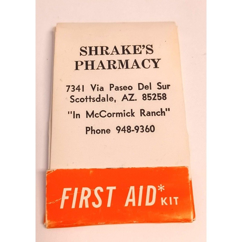 Vintage 1959 First Aid Kit Matchbook Shrake's Pharmacy Scottsdale AZ Advertising